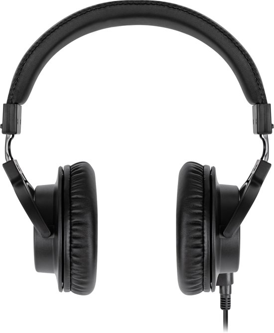 Zwarte Krüger&Matz DJ hoofdtelefoon van voren, met leren hoofdband.