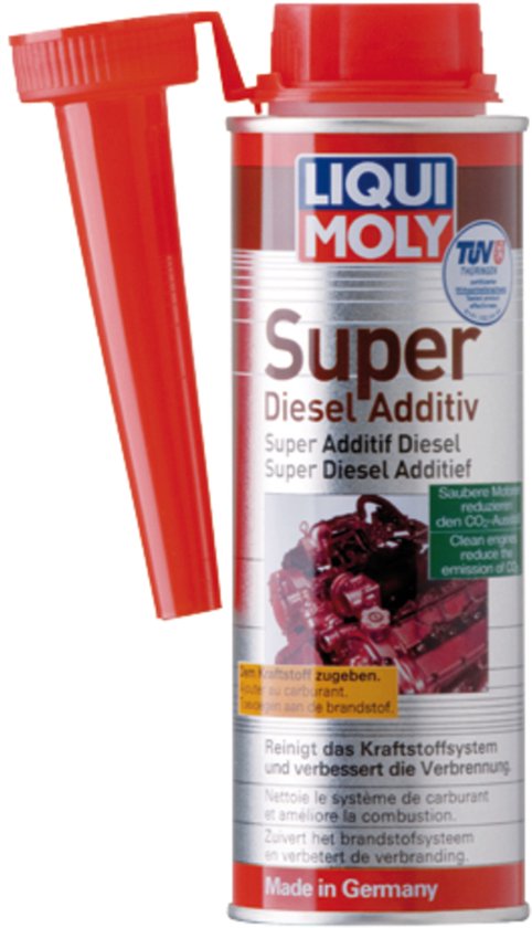 Lijm Moly Super Diesel Additief, 250ml bus met rode dop en tuit, met afbeelding van een motor.