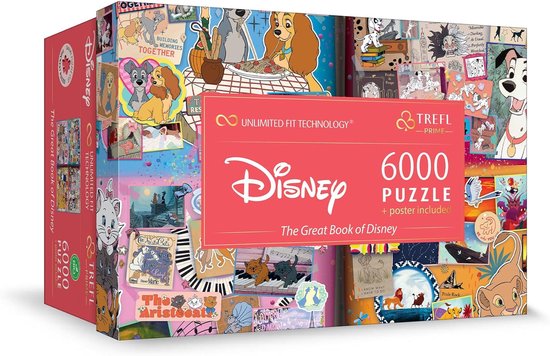 De doos van de 'The Great Book of Disney' 6000-stukjespuzzel van Trefl, met scènes uit Lady en de Vagebond, 101 Dalmatiërs, De Aristokatten en De Leeuwenkoning.