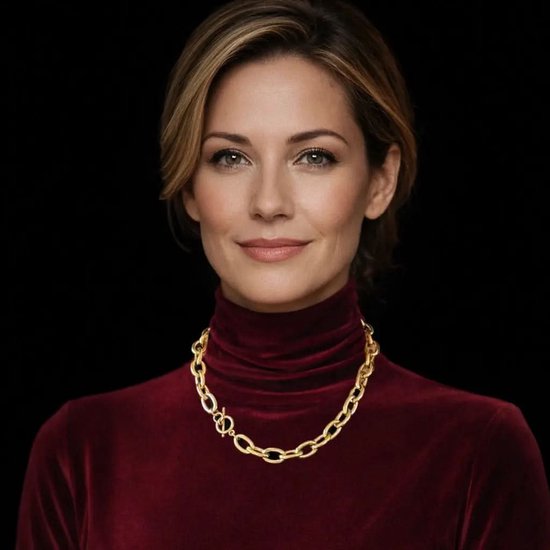 Model draagt een gouden jasseronketting met een kapittelslot om haar nek, over een bordeauxrode coltrui.