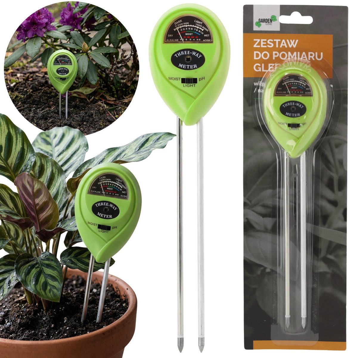 Bodemtestset 3in1 – pH-meter, Vochtigheidsmeter en lichtmeter voor tuin en potplanten, Tuinaarde Testen, Bodem Vocht Meter