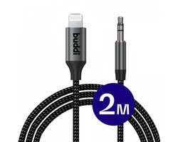 Buddi Flex - Lightning naar 3.5mm Jack Aux Audio Kabel met DAC Chip - Aux kabel geschikt voor iPhone (iPhone 14-serie en ouder) en iPad met Lightning - Gevlochten Nylon - Auto - 2 Meter - Zwart