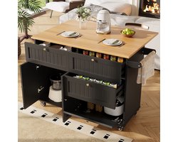 Wishdor Keukeneiland - Verrijdbaar En Met Opbergruimte - Scandinavisch - Voor Keuken Of Eethoek - MDF - Zwart - 133 X 37,3 X 88 Cm