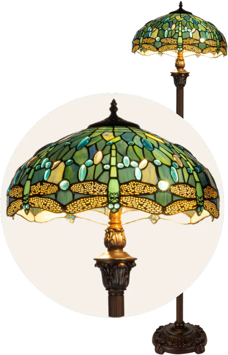 Tiffany vloerlamp Libelle - Blauw-groen - Ø 40 × H 165 cm - Staande lamp - Glas in lood - Warm licht - Dragonfly | RORUVERA