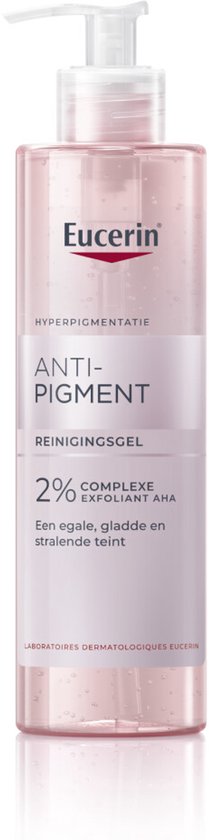 Eucerin Anti-Pigment Reinigingsgel met pompflacon. De roze gel is helder en bevat bubbeltjes.