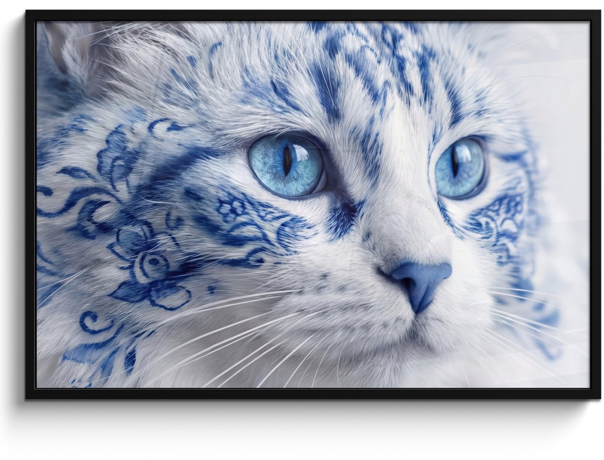 FrameYourWall Poster in lijst - Fotolijst 120x80 cm - Posters - Kat - Patroon - Blauw - Posterlijst zwart - Decoratie - Wanddecoratie woonkamer - Muurdecoratie slaapkamer