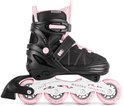 Zwarte skeelers met roze wielen en roze voering. "Movino Cruzer One" staat op de zool.