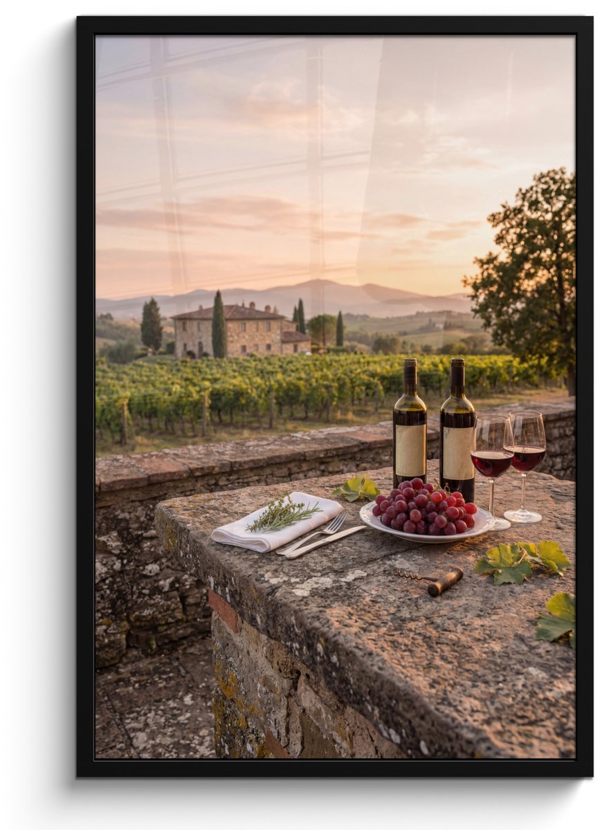 FrameYourWall Poster in lijst - Fotolijst 60x90 cm - Posters - Wijn - Glazen - Druiven - Wijngaard - Posterlijst zwart - Decoratie - Wanddecoratie woonkamer - Muurdecoratie slaapkamer