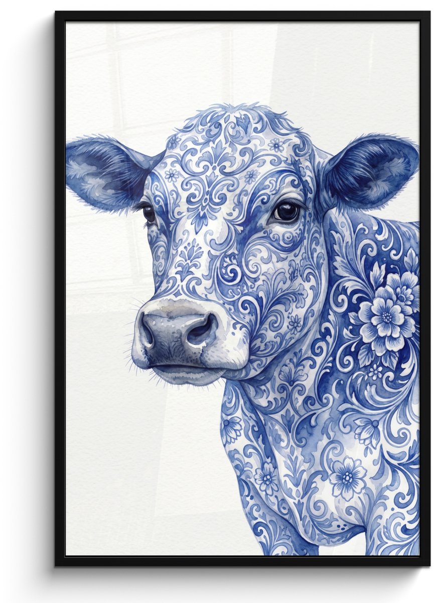 FrameYourWall Poster in lijst - Fotolijst 80x120 cm - Posters - Illustratie - Koe - Blauw - Posterlijst zwart - Decoratie - Wanddecoratie woonkamer - Muurdecoratie slaapkamer