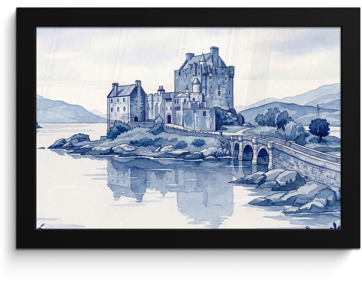 FrameYourWall Poster in lijst - Fotolijst 30x20 cm - Posters - Schots - Kasteel - Blauw - Aquarel - Posterlijst zwart - Decoratie - Wanddecoratie woonkamer - Muurdecoratie slaapkamer