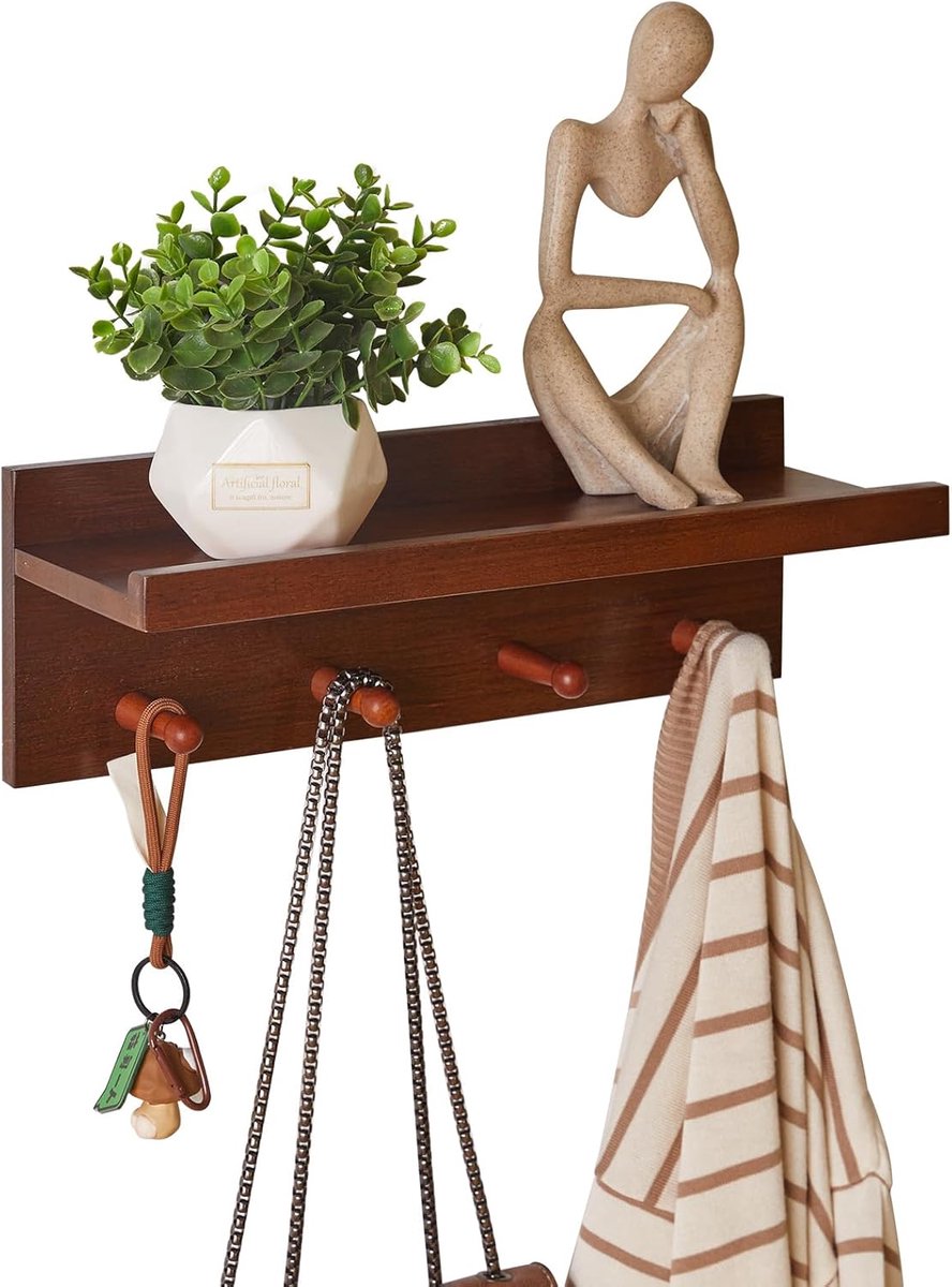 Houten Wandkapstok met Plank en 4 Haken - Walnoot Kleur - Ideaal voor Entree, Badkamer of