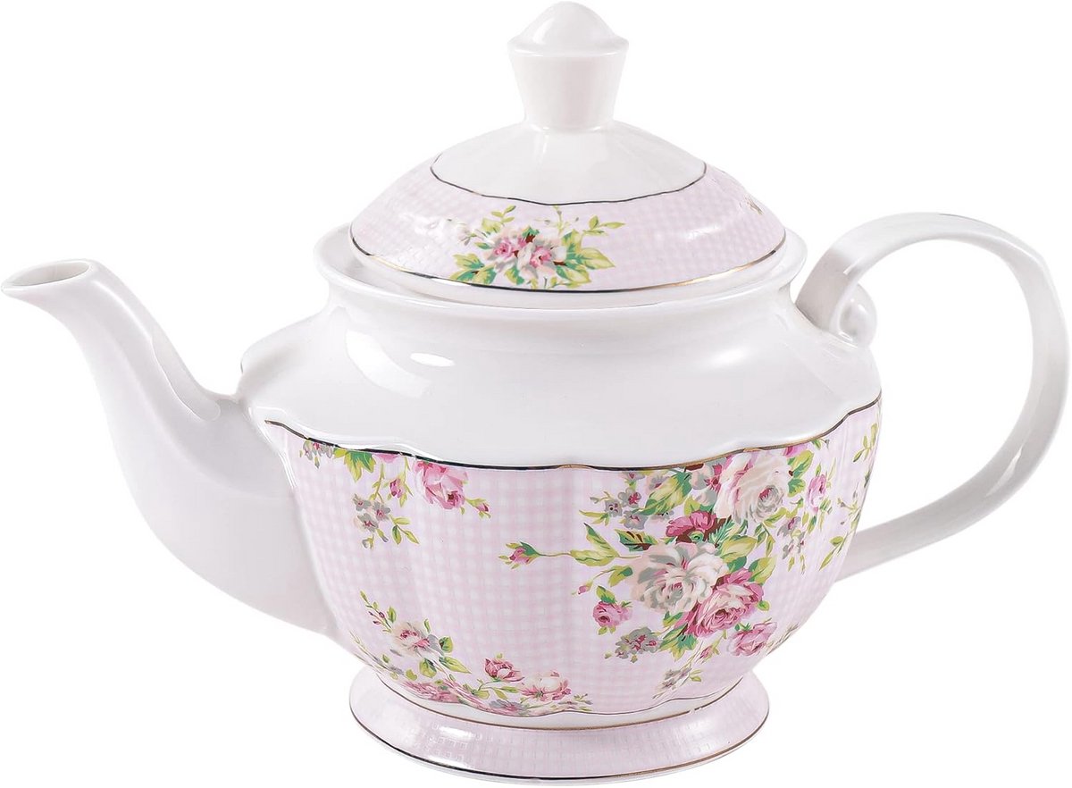 Grote Porseleinen Theepot Roze Azalea met Gouden Rand - 900ml