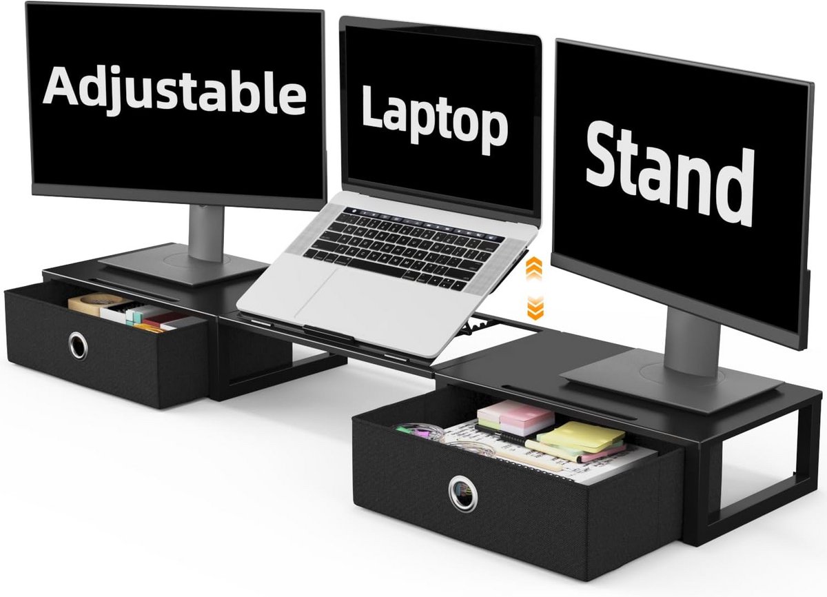 Verstelbare Dubbele Monitorstandaard met Laden en Laptop Riser