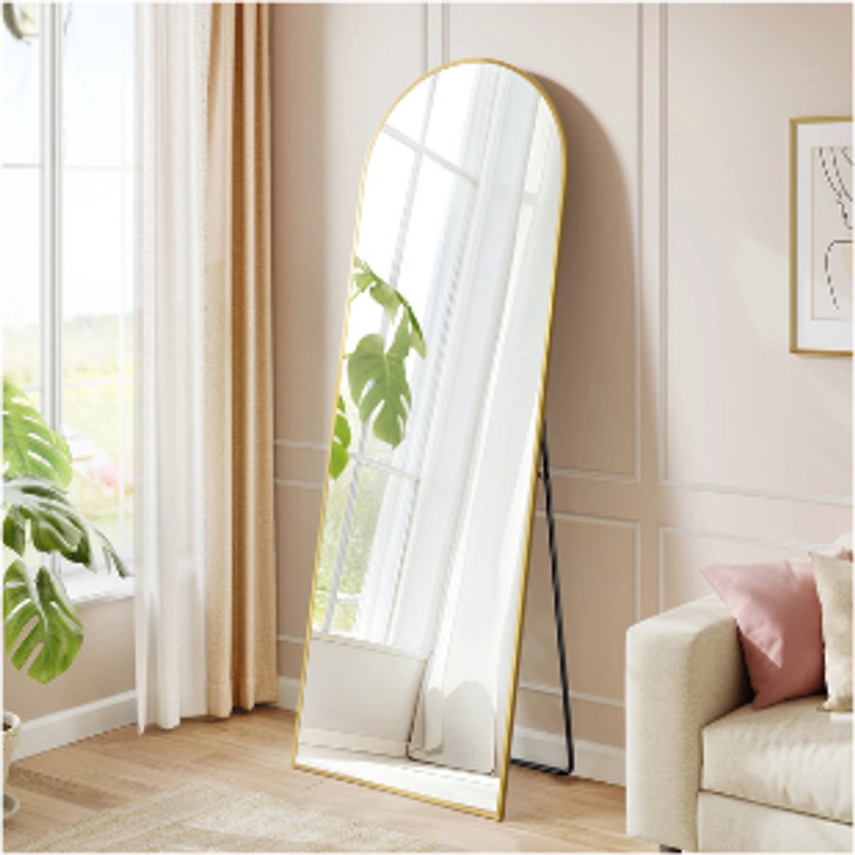 Spiegel-Spiegel staand-160x50 CM-Koepelvormige standaardspiegel- Aluminium frame- Gehard glas-GOUD.