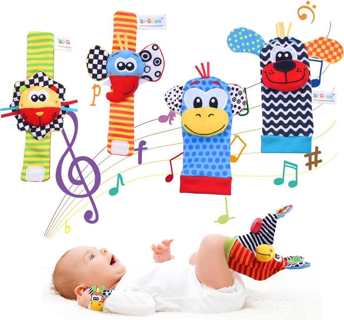 Set van 4 rammelaar babysokken en polsrammelaars voor baby's 0-6 maanden