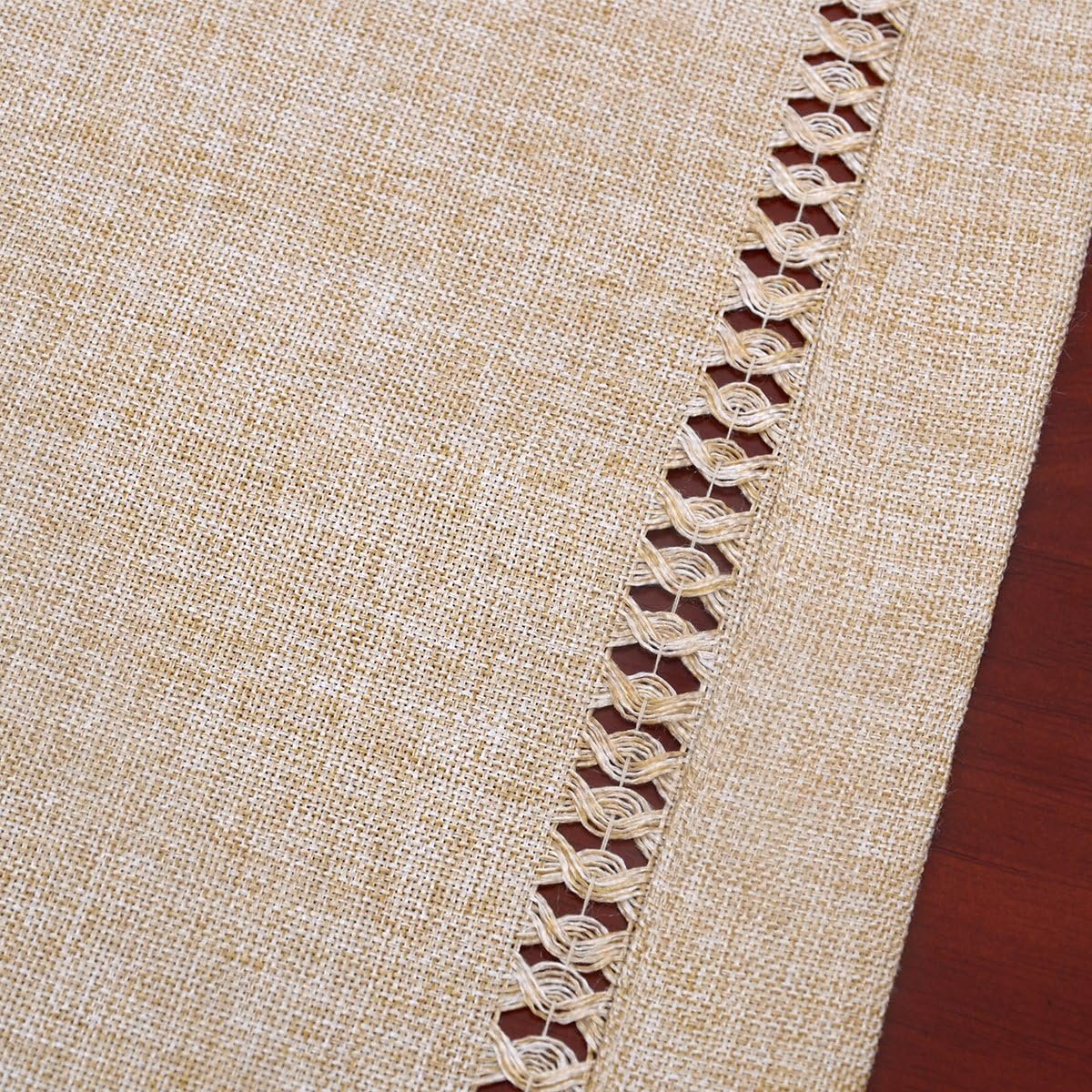 Grote Rechthoekige Tafelloper Beige met Hemsteek - Handgemaakt 35,5 x 274 cm