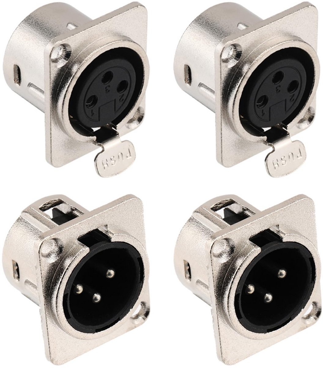4 stuks XLR-connectoren 3-pins paneelmontagestekker vrouwelijk en mannelijk voor microfoon luidspreker vernikkeld koper metaal