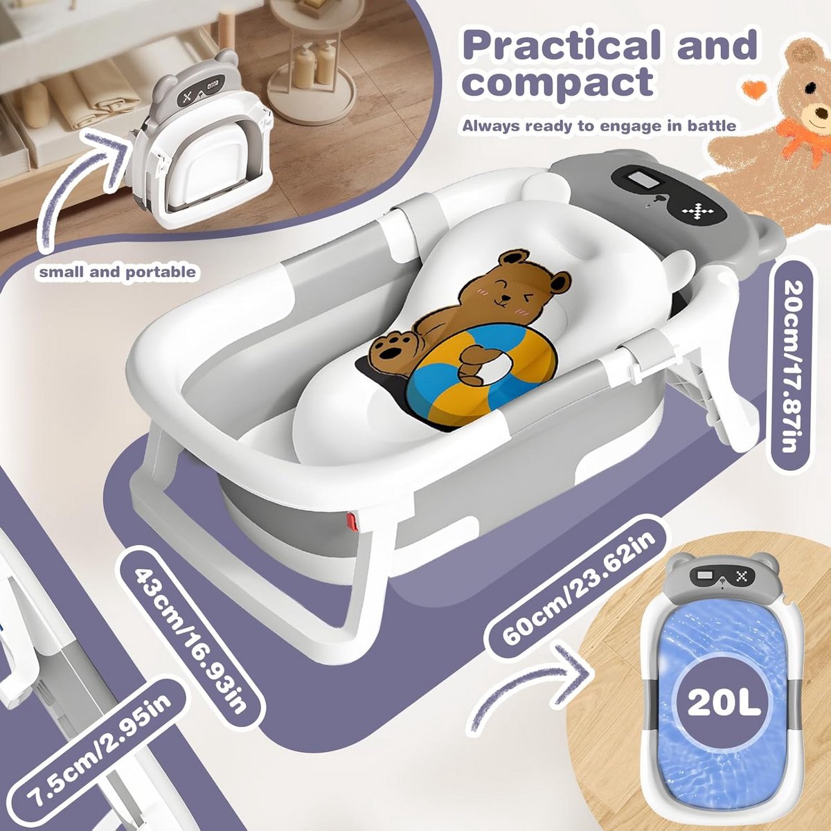 Opvouwbare babybadkuip met badkussen en antislipmat - inklapbare badkuip met thermometer voor pasgeborenen tot 36 maanden thumbnail 5