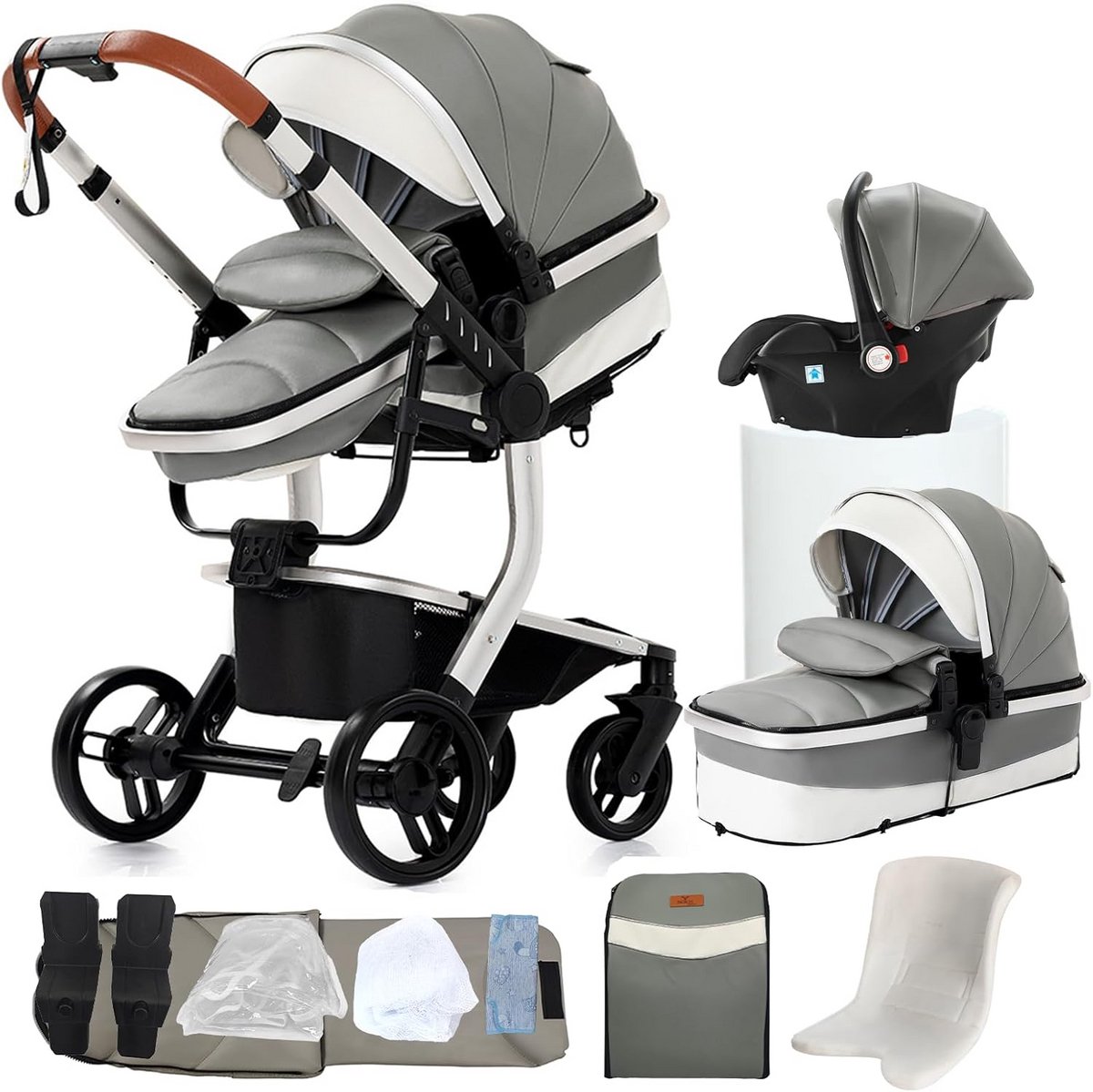 3-in-1 Combi Kinderwagen PU-leer Grijs - Luxe & Opvouwbaar Reiswieg Systeem