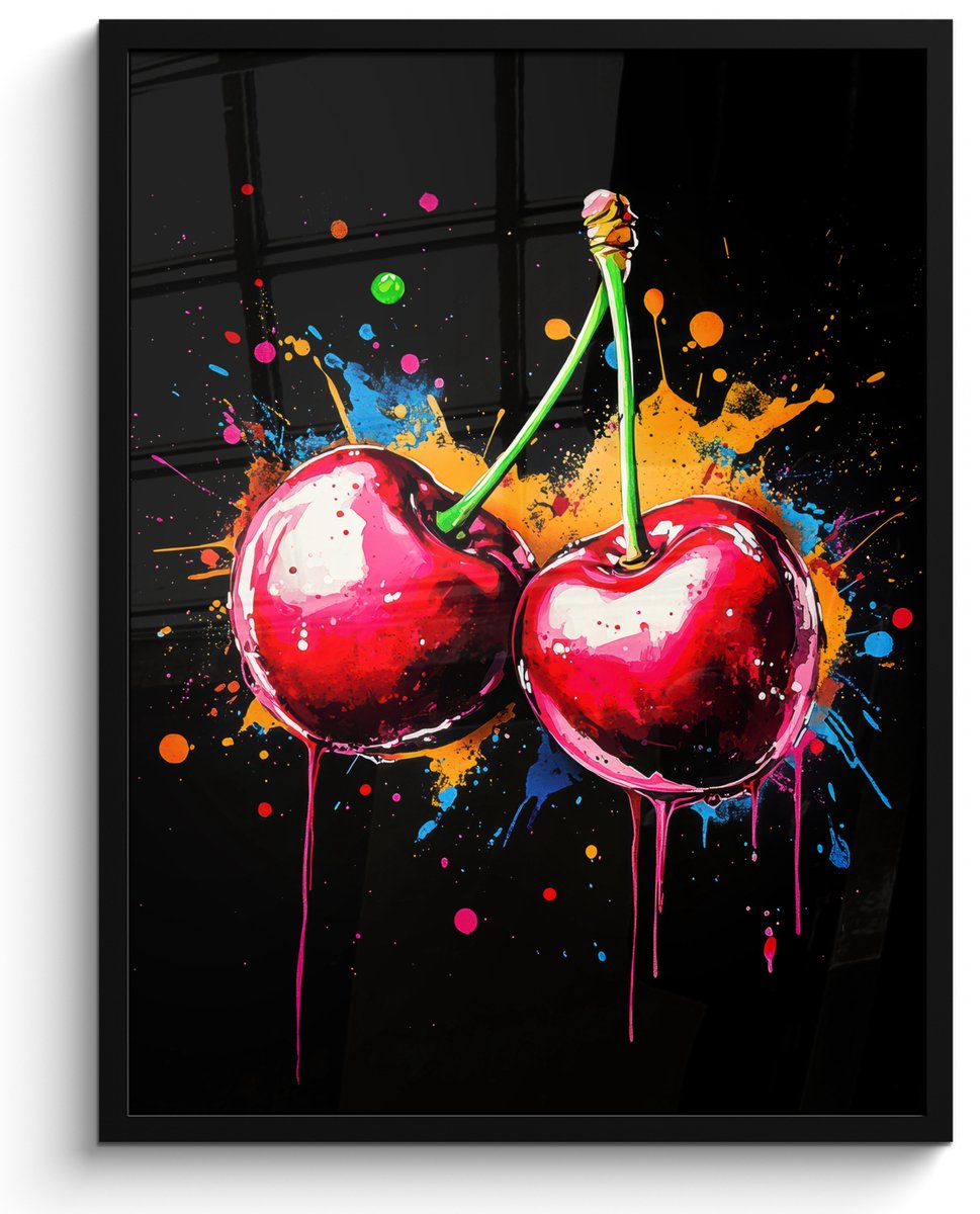 FrameYourWall Poster in lijst - Fotolijst 50x70 cm - Posters - Kersen - Fruit - Graffiti - Verf - Abstract - Modern - Kleurrijk - Posterlijst zwart - Decoratie - Wanddecoratie woonkamer - Muurdecoratie slaapkamer Graffiti - Kersen