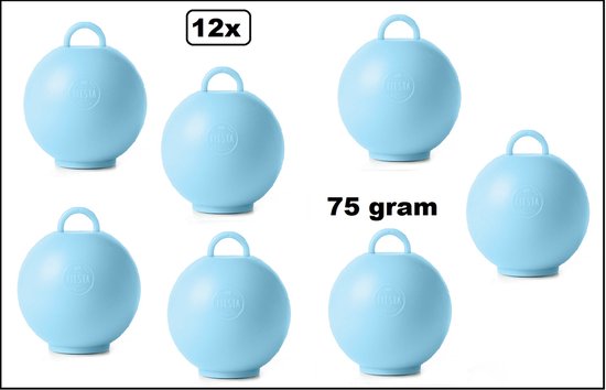 Twaalf lichtblauwe ballonnen met lus, met '75 gram' erop.