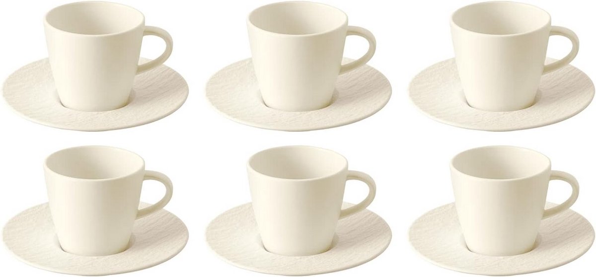 Set van 6 Koffiekopjes met Schotel 150 ml - Premium Porselein in Leisteen Look - Wit