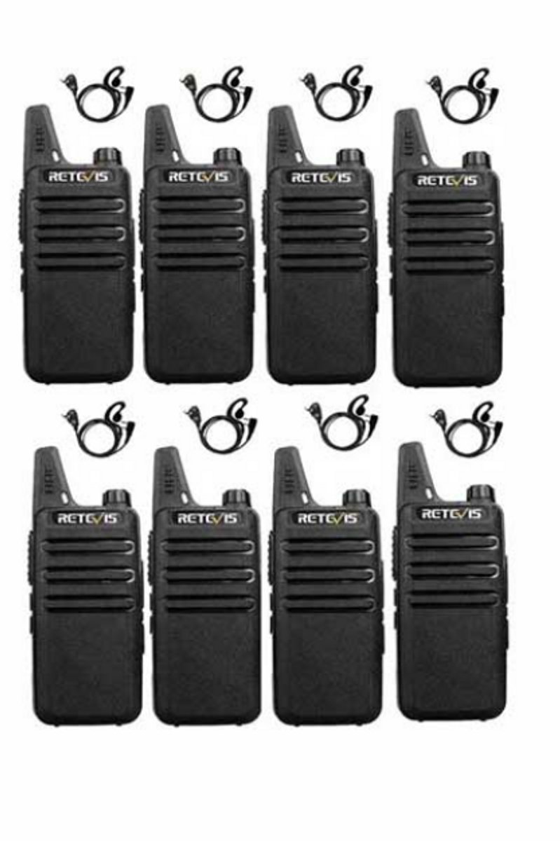 Set van 8 Retevis RT622 vergunning vrije UHF mini portofoons met G-shape oortje