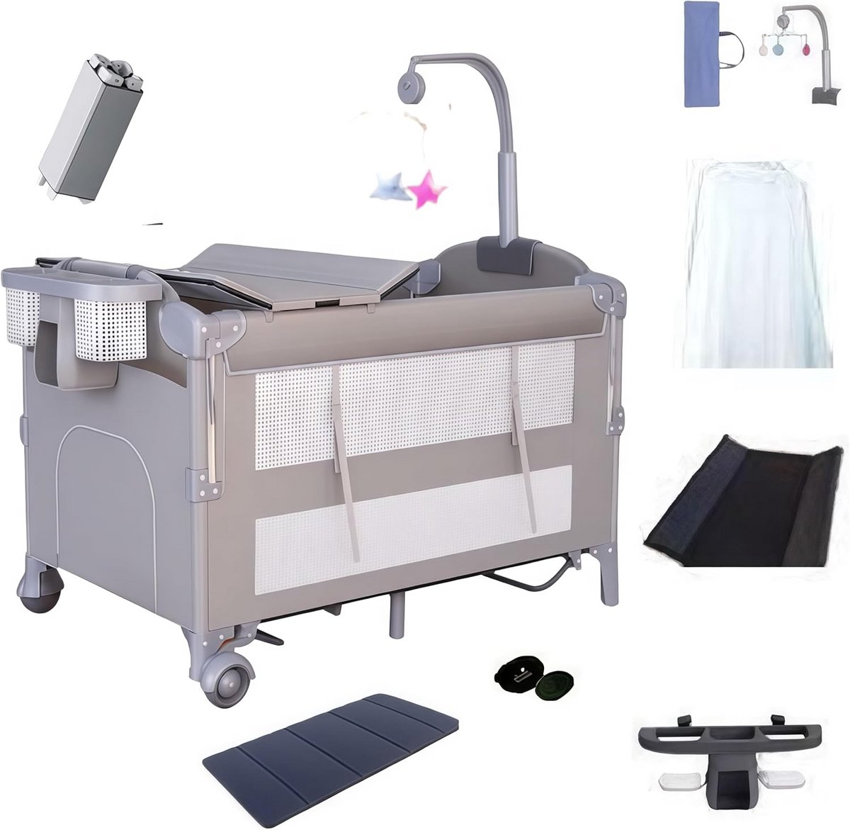 Convertibele Tweepersoons Wieg met Wieltjes en Klamboe - Multifunctioneel Babybedje