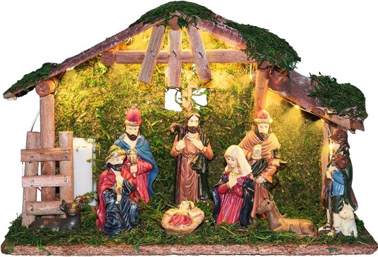 Complete Kerststal met LED Verlichting | 10-delige Nativity Scene met Figuren en Houten Stal