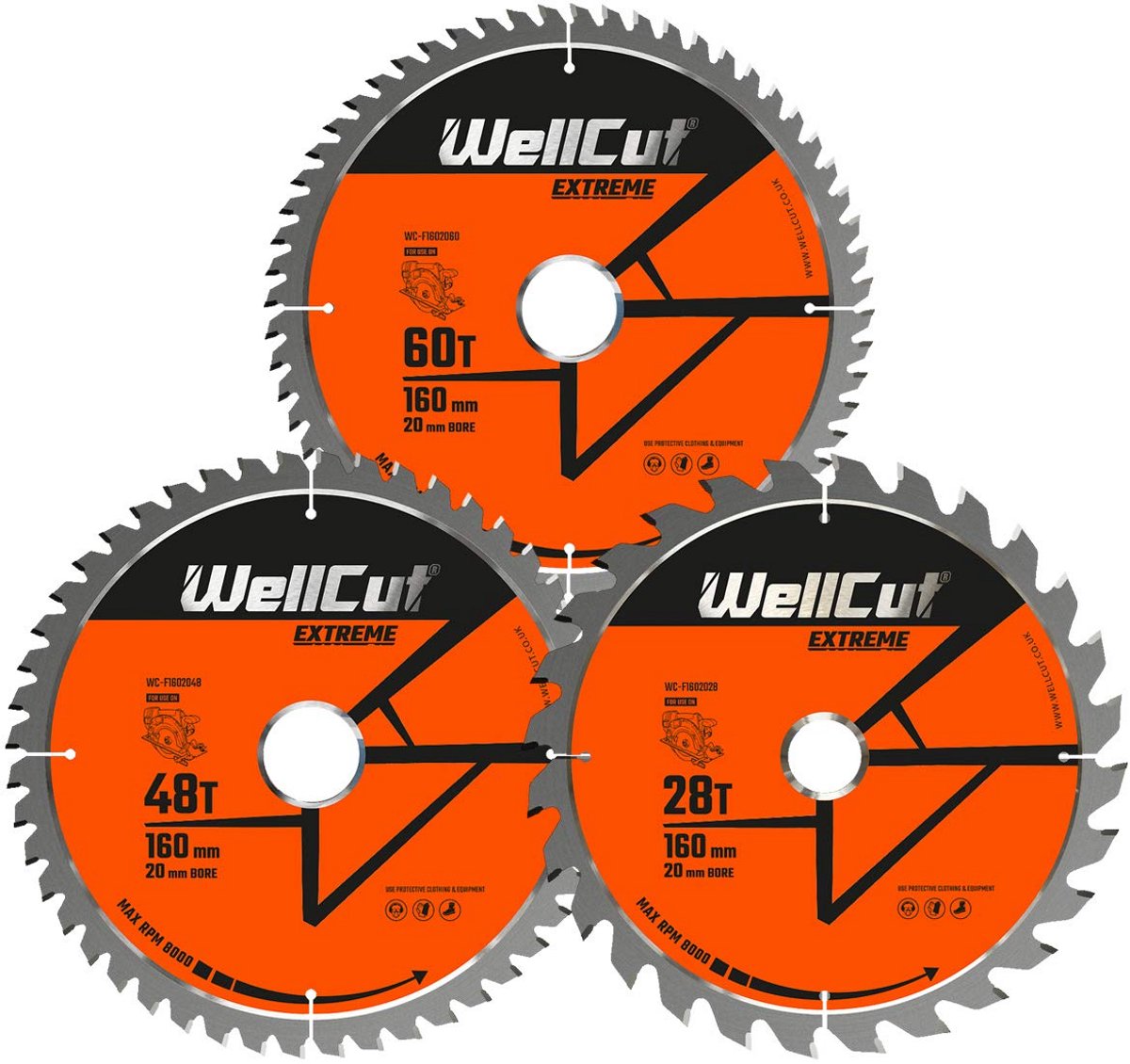 Set van 3 TCT Zaagbladen 160mm x 20mm Boring - 28, 48 & 60 Tanden voor Cirkelzaag