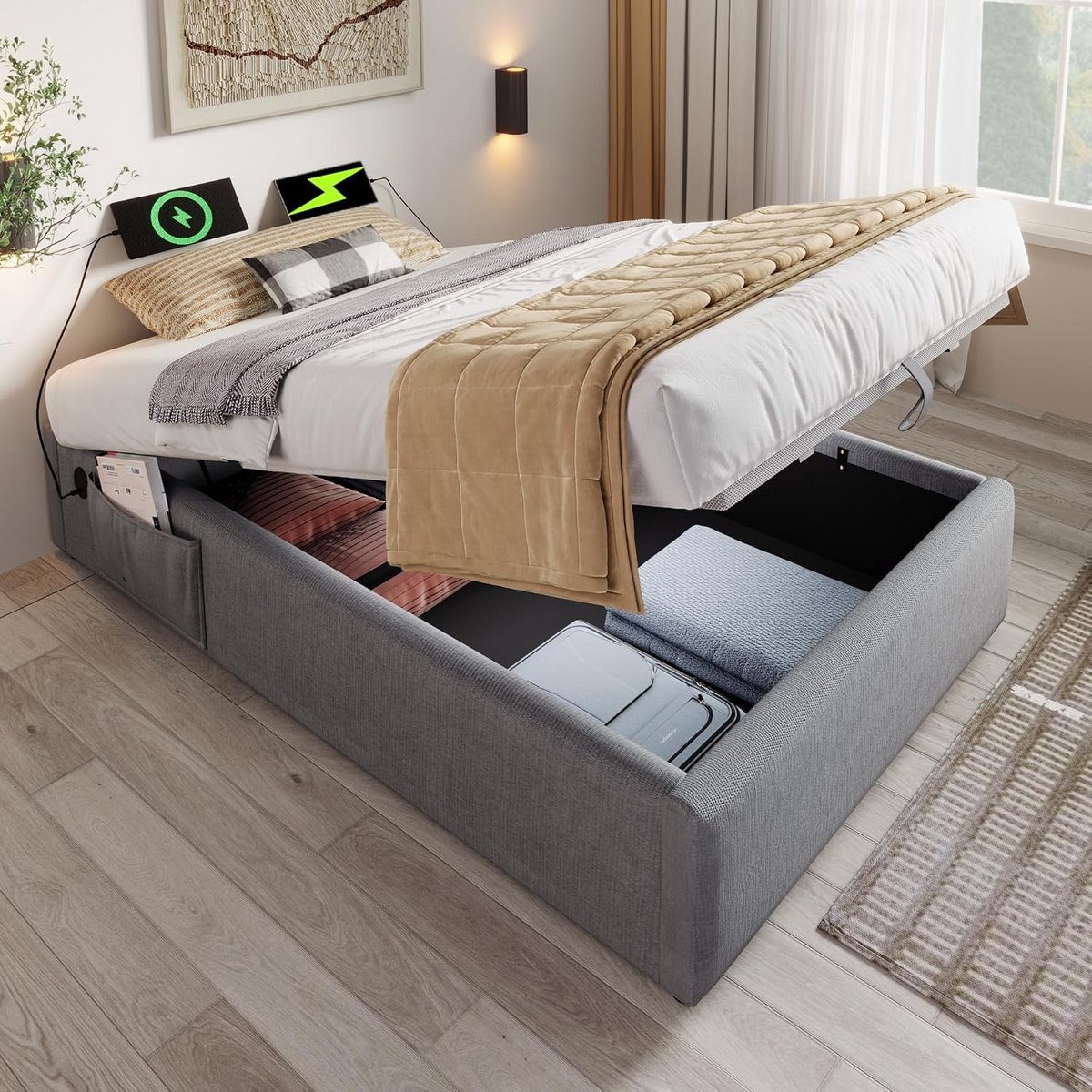 Gestoffeerd Bed met Opbergruimte 90x200 cm Grijs Lattenbodem Inbegrepen