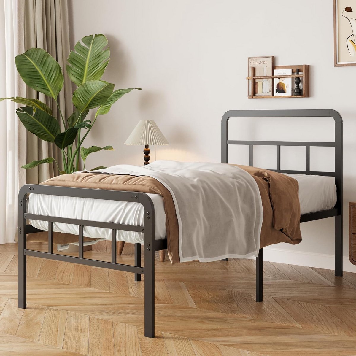 Eenpersoonsbed 90x190 met hoofdbord en voeteneind Zwart Metalen Bedframe Hoge Lattenbodem