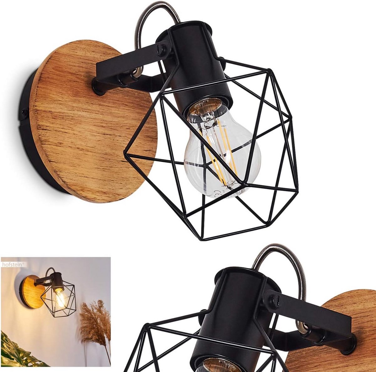 Wandlamp Hout en Metaal Zwart/Naturel - Draaibare Lampkop - E27 Fitting