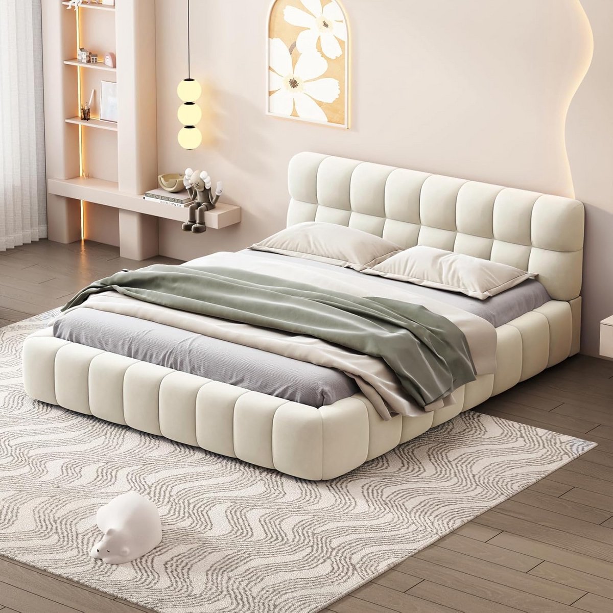 Gestoffeerd Tweepersoonsbed 140x200 cm met Lattenbodem en Hoofdeinde - Beige Linnenstof