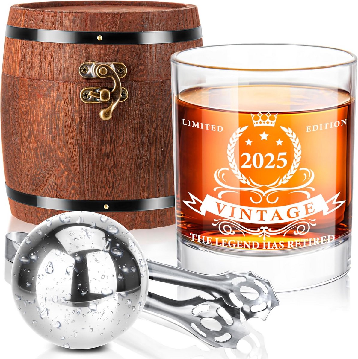 Whisky Glas Set met Koelbal in Houten Vat Kadoos - Pensioen Cadeau Man