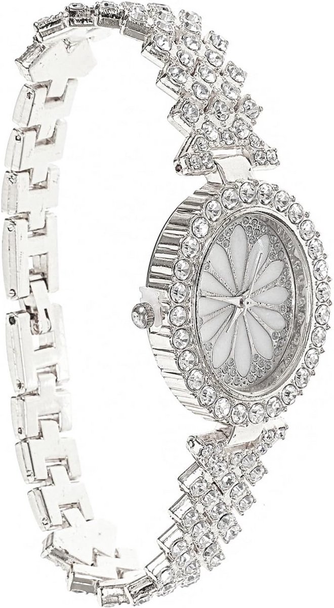 Luxe Dameshorloge met Steentjes - Zilverkleurig Elegante Wijzerplaat - Dames Wristwatch voor Vorm en Vrije Tijd
