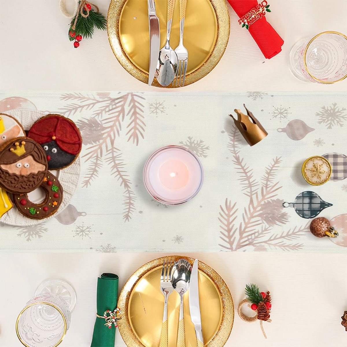 Kersttafelloper 33×275 cm - Moderne Winter Tafeldecoratie in Beige