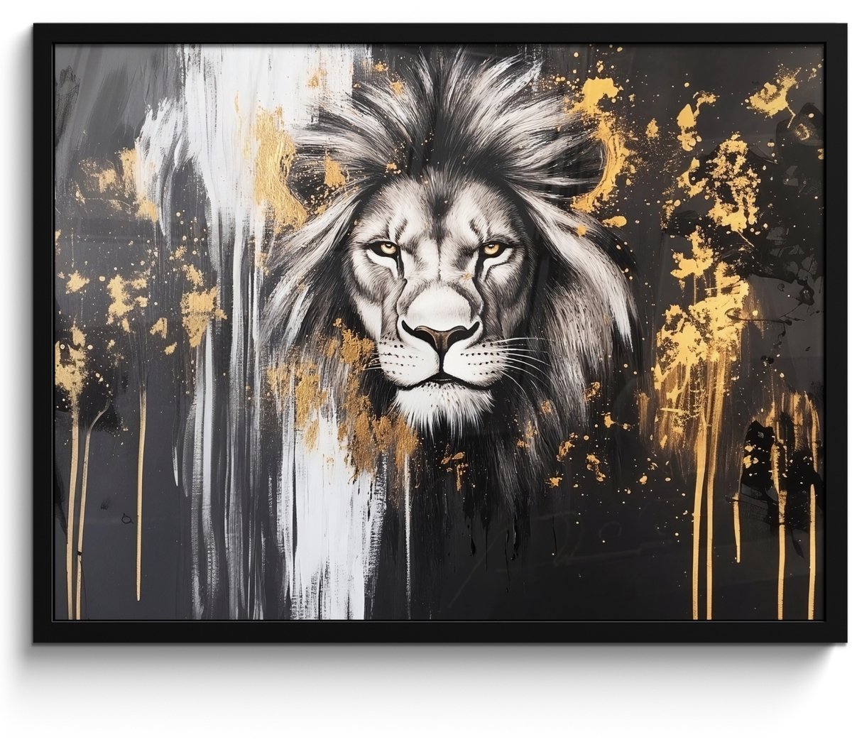 FrameYourWall Poster in lijst - Fotolijst 70x50 cm - Posters - Leeuw - Portret - Verfspatten - Grijs - Posterlijst zwart - Decoratie - Wanddecoratie woonkamer - Muurdecoratie slaapkamer Leeuw - Verfspatten
