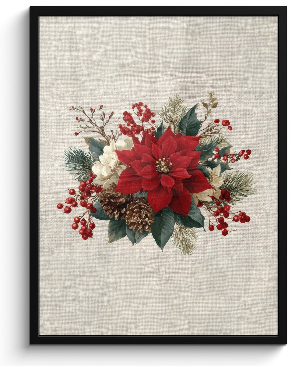 FrameYourWall Poster in lijst - Fotolijst 50x70 cm - Posters - Kerststuk - Pointia - Dennenappels - Rood - Posterlijst zwart - Decoratie - Wanddecoratie woonkamer - Muurdecoratie slaapkamer - Kerstversiering - Kerstdecoratie voor binnen - Kerstmis Kerststuk - Poinsettia - Dennenappels - Rood