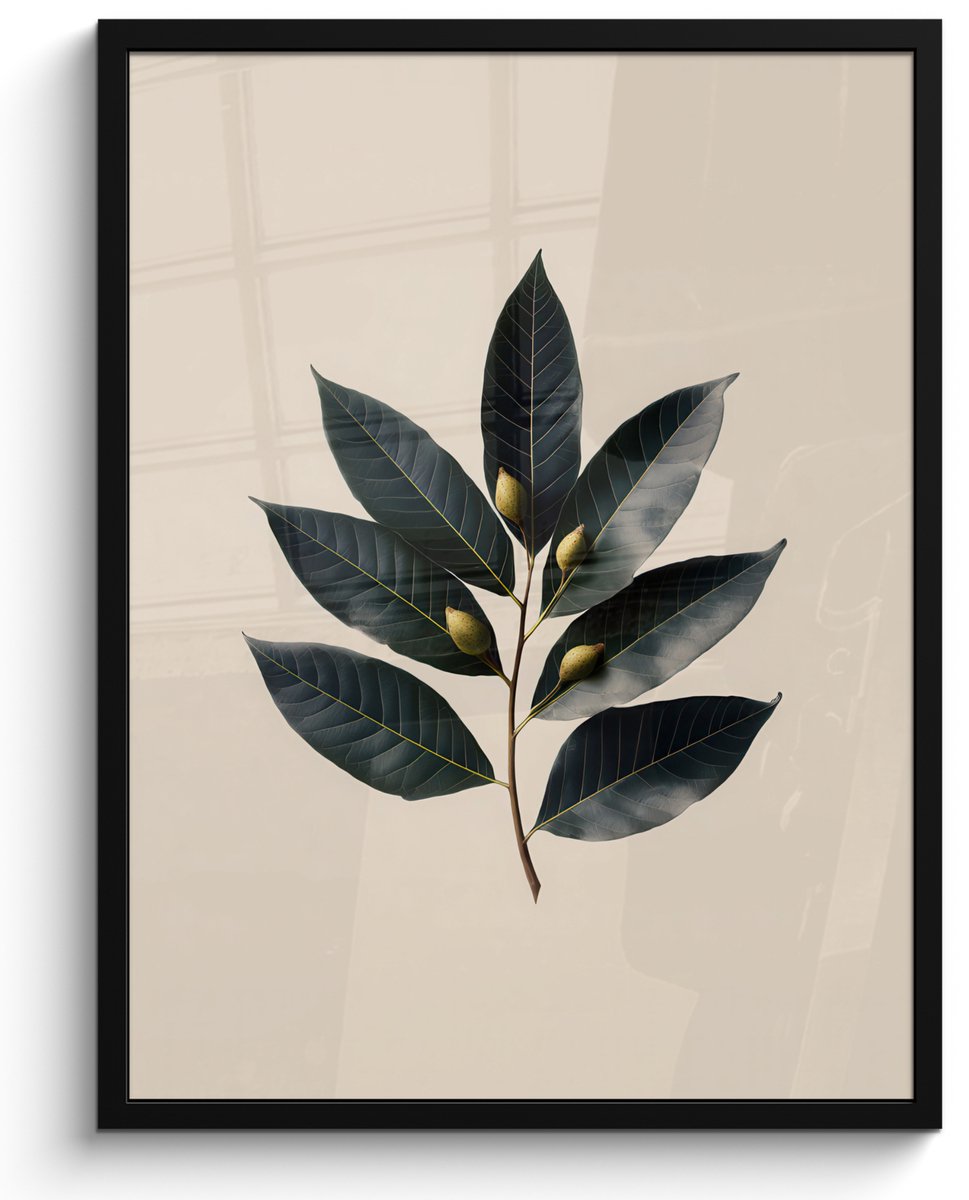 FrameYourWall Poster in lijst - Fotolijst 50x70 cm - Posters - Laurierbladeren - Bloemknoppen - subtiel - Posterlijst zwart - Decoratie - Wanddecoratie woonkamer - Muurdecoratie slaapkamer