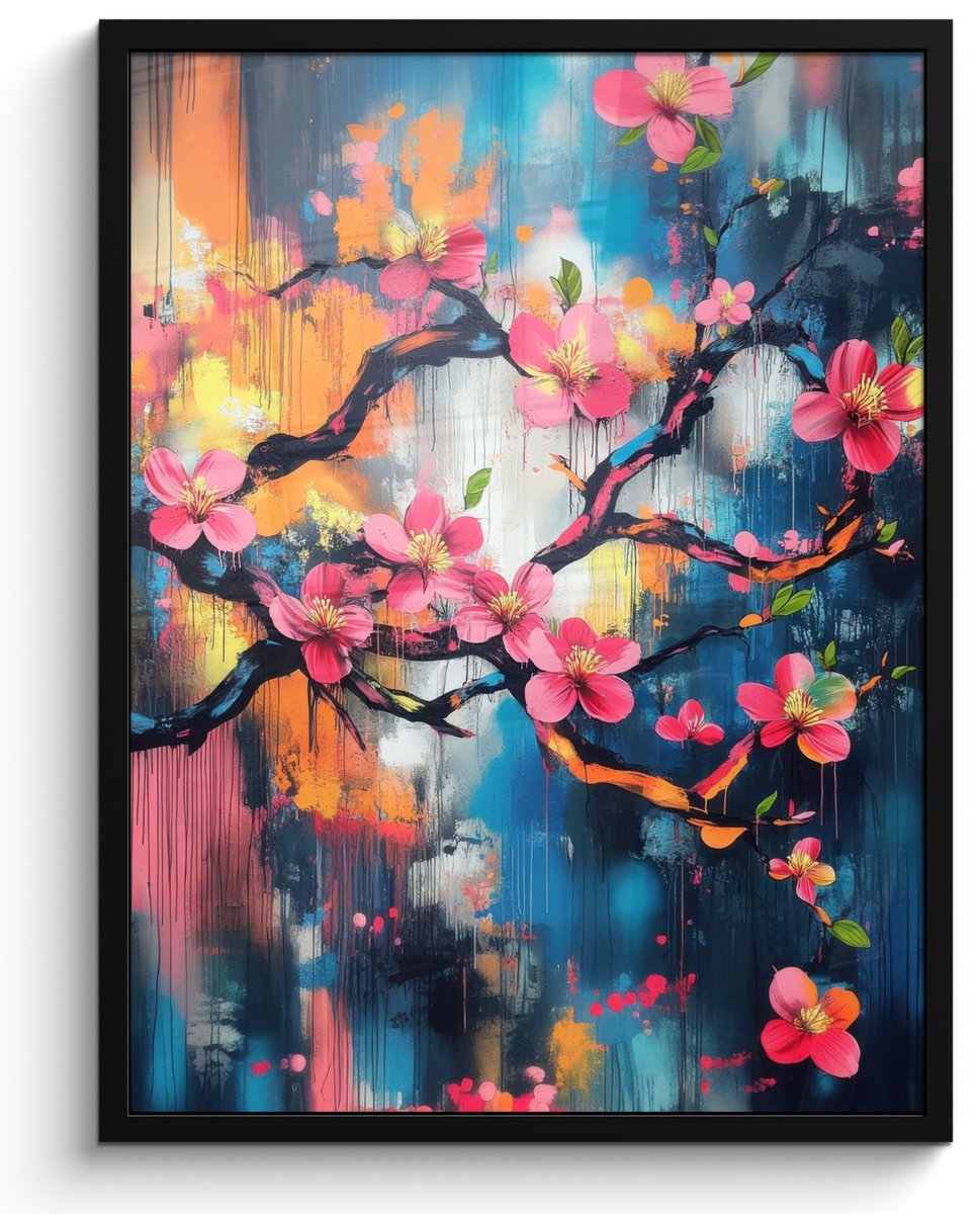 FrameYourWall Poster in lijst - Fotolijst 50x70 cm - Posters - Bloemen - Tak - Artistiek - Roze - Posterlijst zwart - Decoratie - Wanddecoratie woonkamer - Muurdecoratie slaapkamer