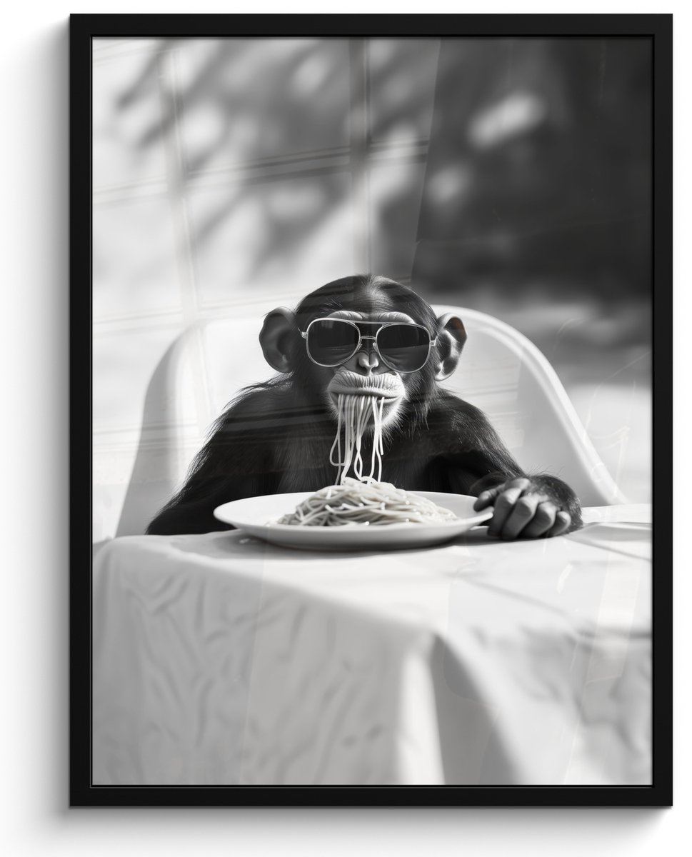 FrameYourWall Fotolijst incl. Poster Zwart Wit- Aap - Spaghetti - Zonnebril - Zwart wit - Cool - Dier - 50x70 cm - Posterlijst