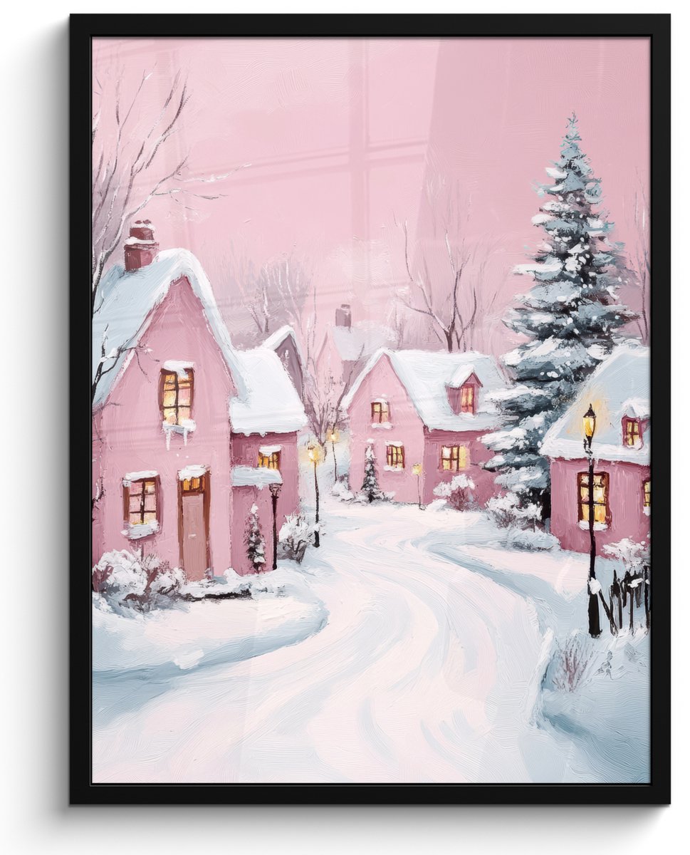 FrameYourWall Poster in lijst - Fotolijst 50x70 cm - Posters - Kerstdorp - Roze - Winter - Sneeuw - Huizen - Posterlijst zwart - Decoratie - Wanddecoratie woonkamer - Kerstdecoratie voor binnen - Kerstversiering - Kerstmis versiering in huis - Kerstaccessoires Dorp - Winter