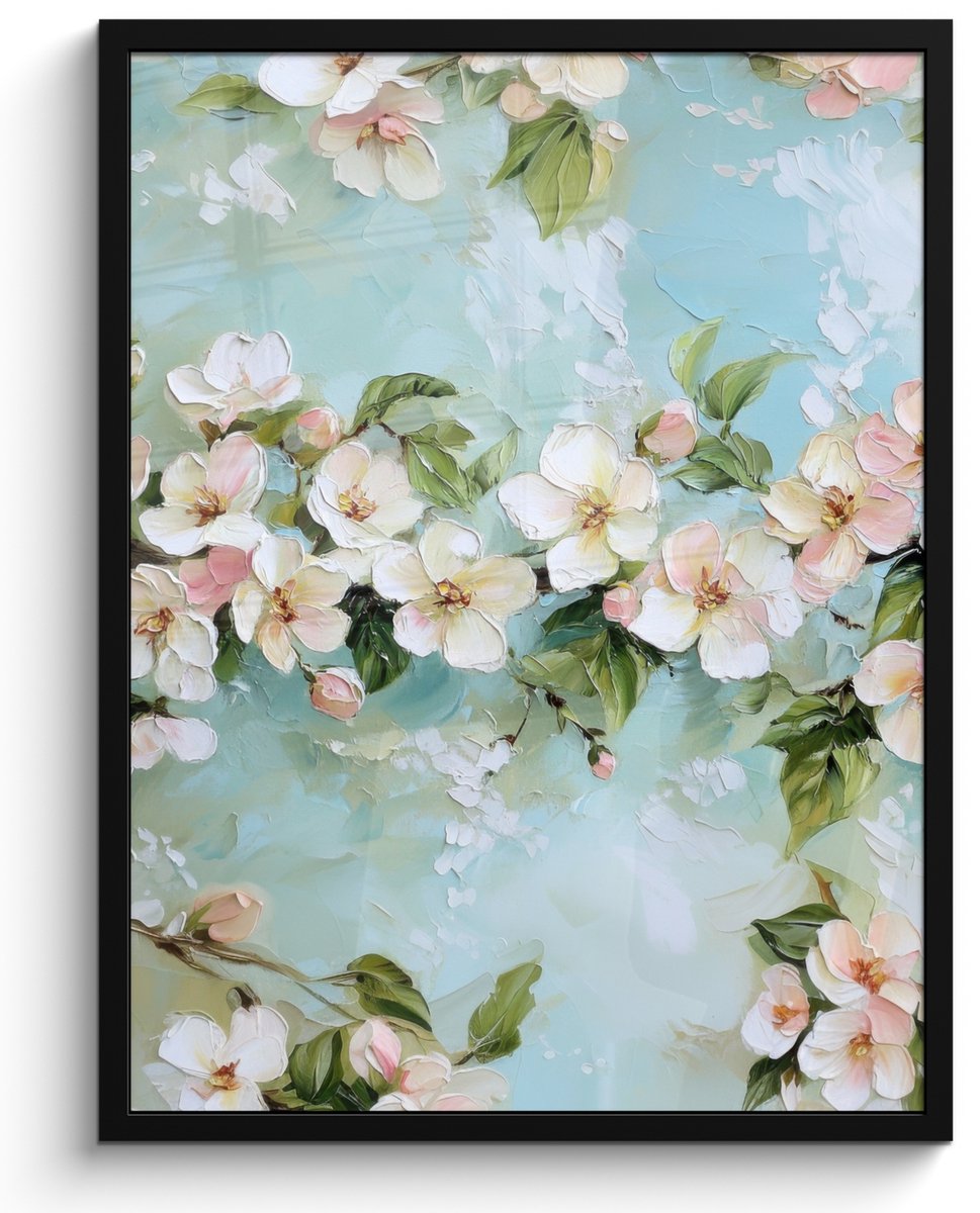 FrameYourWall Poster in lijst - Fotolijst 50x70 cm - Posters - Bloesem - Bladeren - Lichtblauw - Posterlijst zwart - Decoratie - Wanddecoratie woonkamer - Muurdecoratie slaapkamer