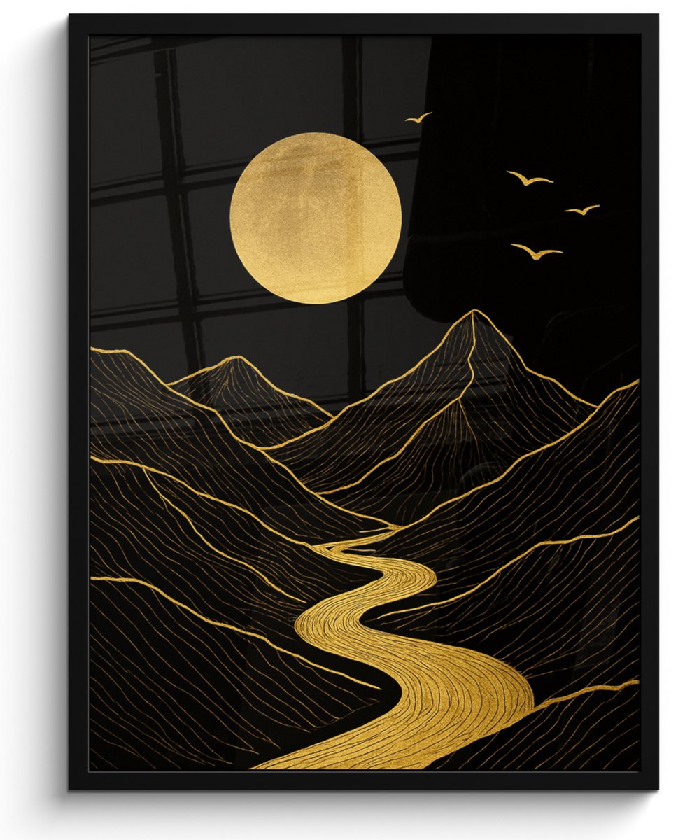 FrameYourWall Poster in lijst - Fotolijst 50x70 cm - Posters - Rivier - Goud - Maan - Vogels - Posterlijst zwart - Decoratie - Wanddecoratie woonkamer - Muurdecoratie slaapkamer Rivier - Bergen - Maan