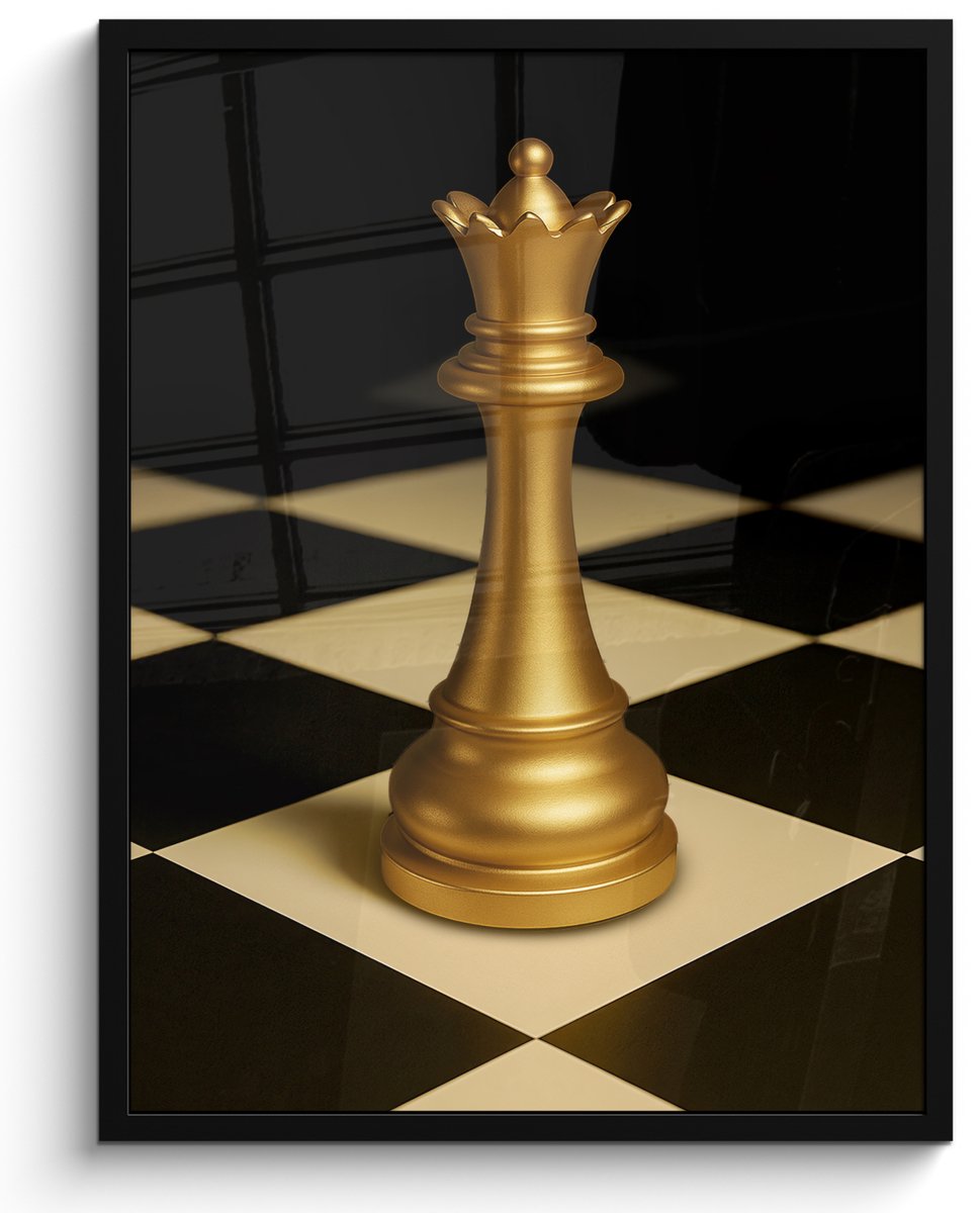 FrameYourWall Poster in lijst - Fotolijst 50x70 cm - Posters - Koningin - Schaakstuk - Geblokt - Goud - Posterlijst zwart - Decoratie - Wanddecoratie woonkamer - Muurdecoratie slaapkamer