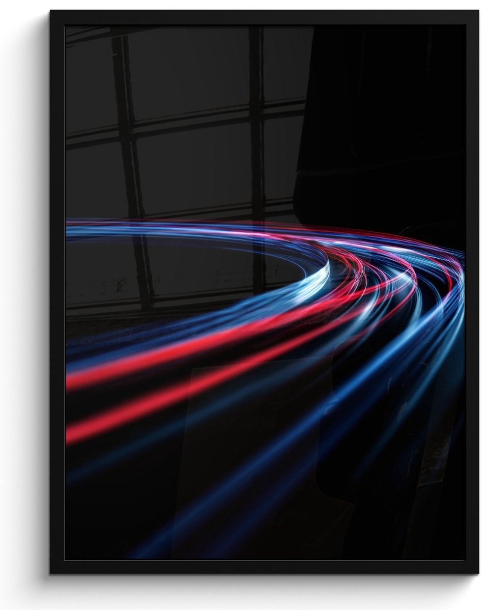 FrameYourWall Poster in lijst - Fotolijst 50x70 cm - Posters - Gaming - Lichtbanen - Golvend - Rood - Posterlijst zwart - Decoratie - Wanddecoratie woonkamer - Muurdecoratie slaapkamer