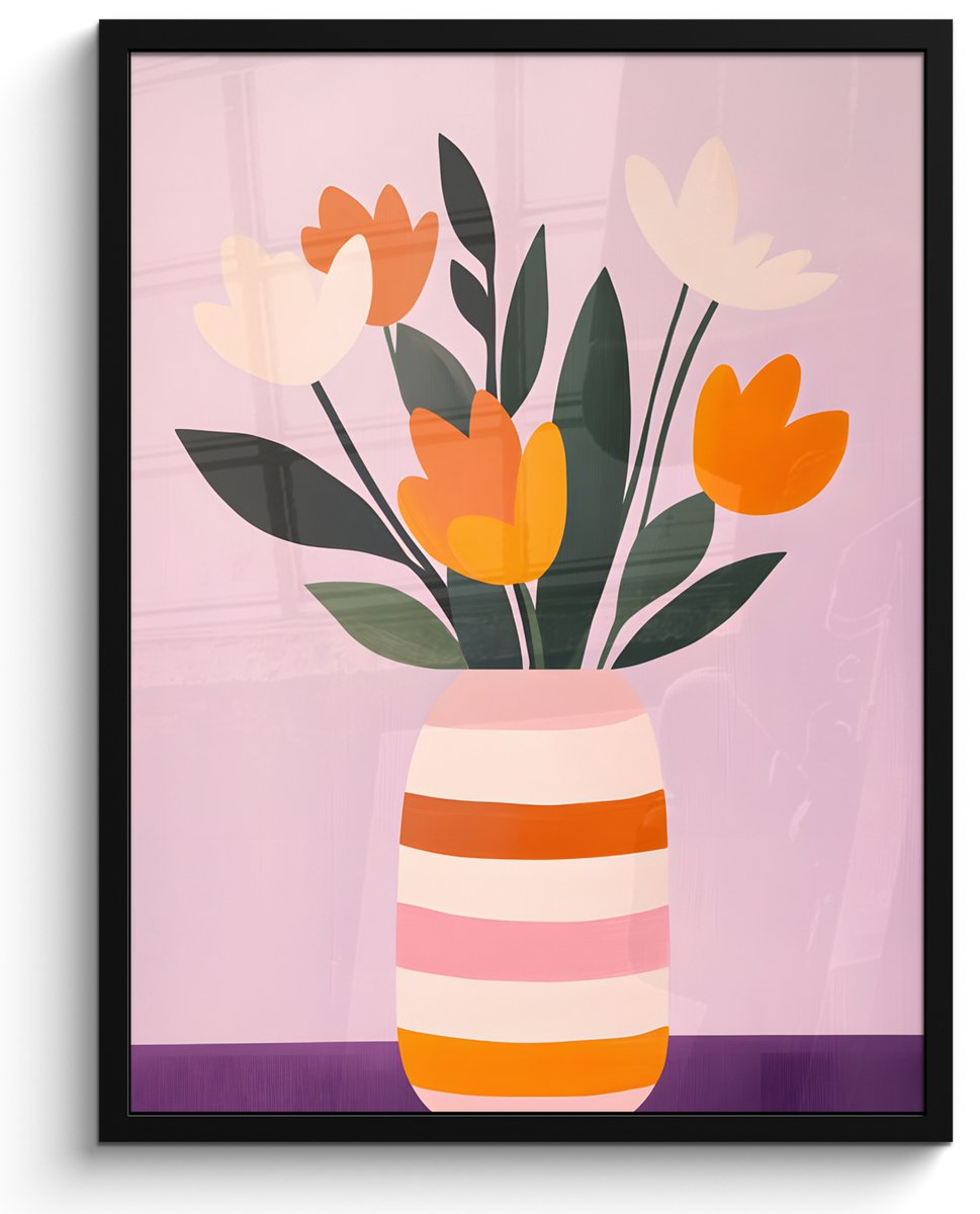 FrameYourWall Poster in lijst - Fotolijst 50x70 cm - Posters - Tulpen - Vaas - Strepen - Paars - Posterlijst zwart - Decoratie - Wanddecoratie woonkamer - Muurdecoratie slaapkamer