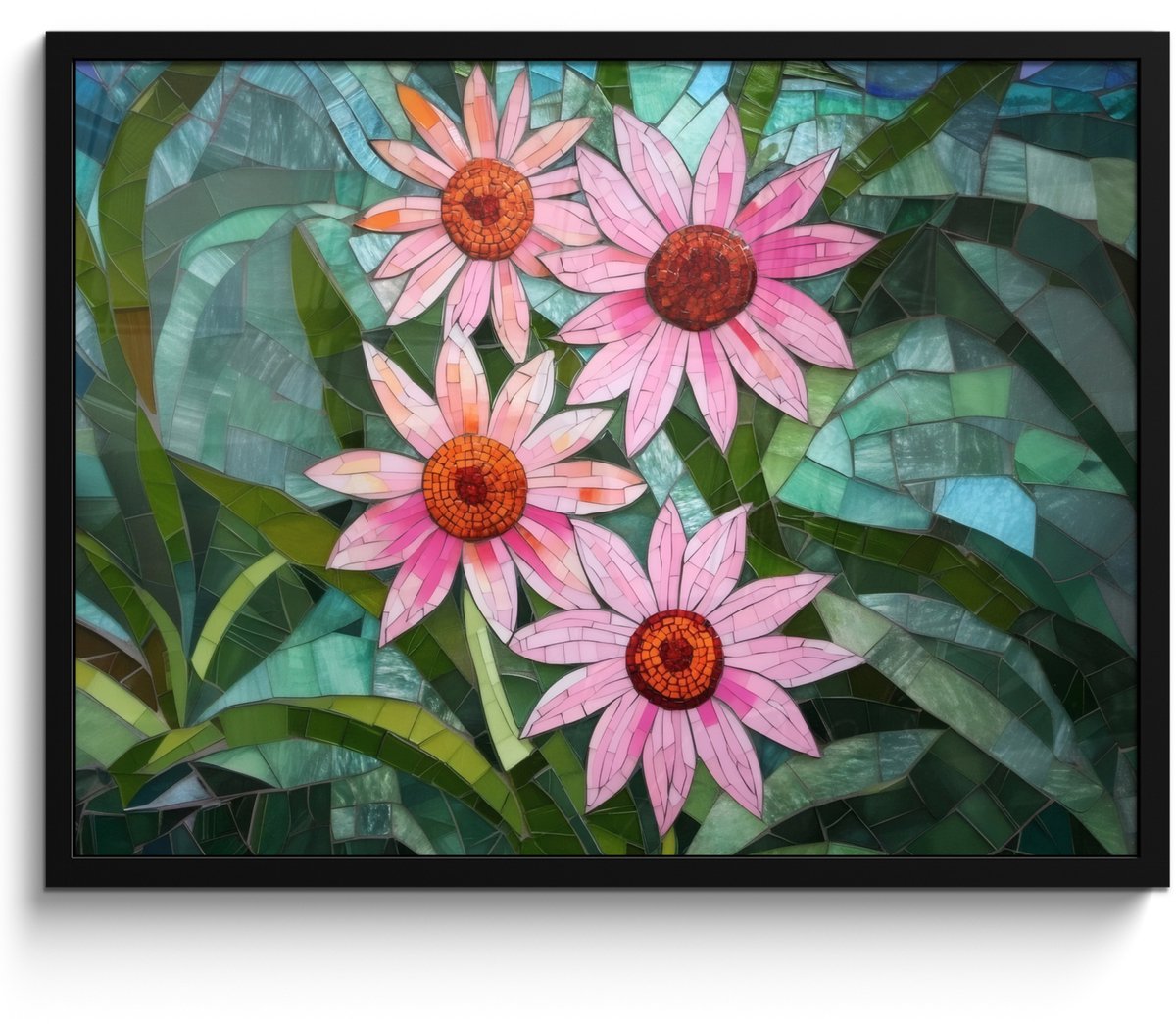 FrameYourWall Poster in lijst - Fotolijst 70x50 cm - Posters - Bloemen - Roze - Glasmozaïek - Posterlijst zwart - Decoratie - Wanddecoratie woonkamer - Muurdecoratie slaapkamer Bloemen - Mozaïek