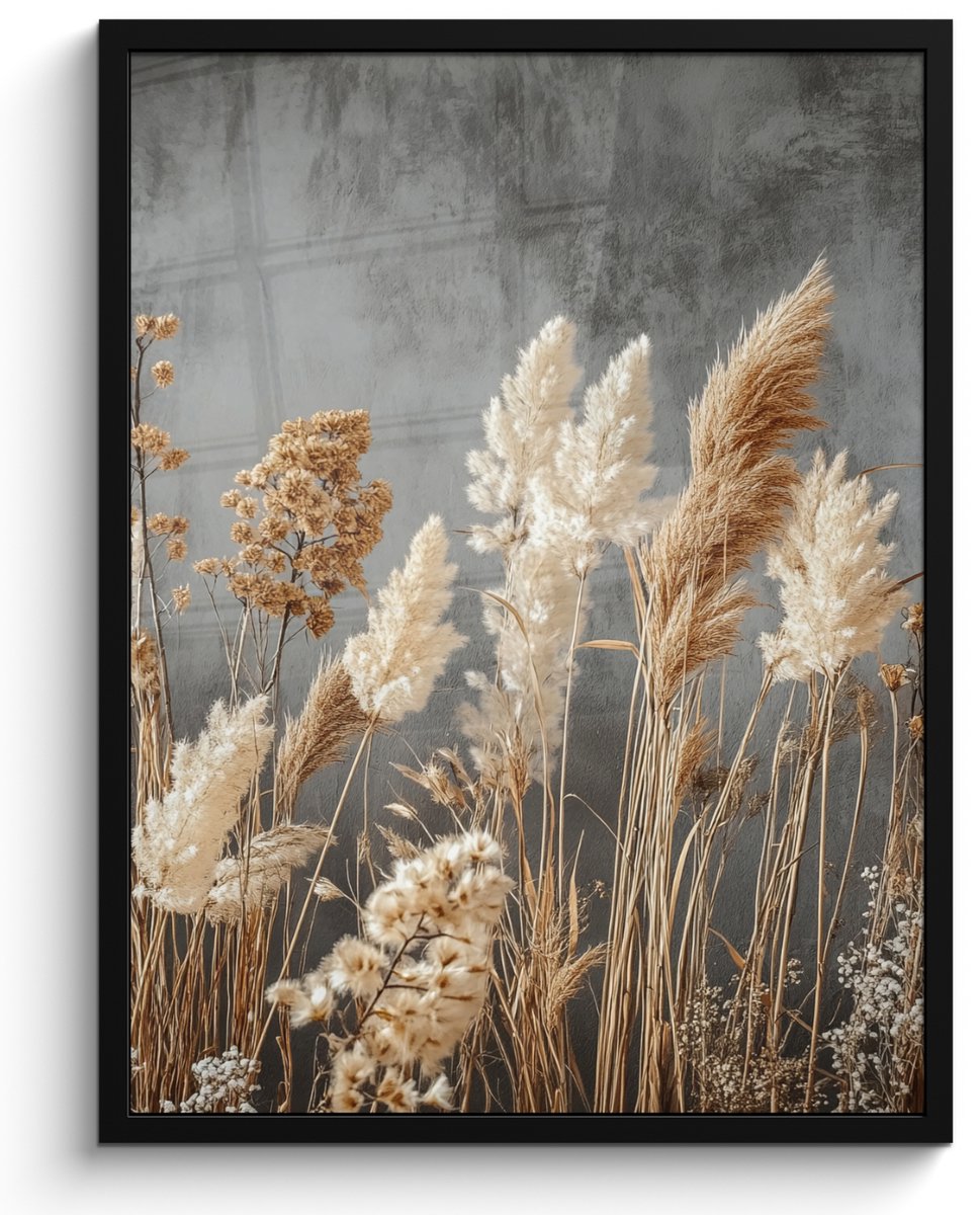 FrameYourWall Poster in lijst - Fotolijst 50x70 cm - Posters - Gedroogde Veldbloemen - Grijs - Beton - Posterlijst zwart - Decoratie - Wanddecoratie woonkamer - Muurdecoratie slaapkamer Veldbloemen - Beton